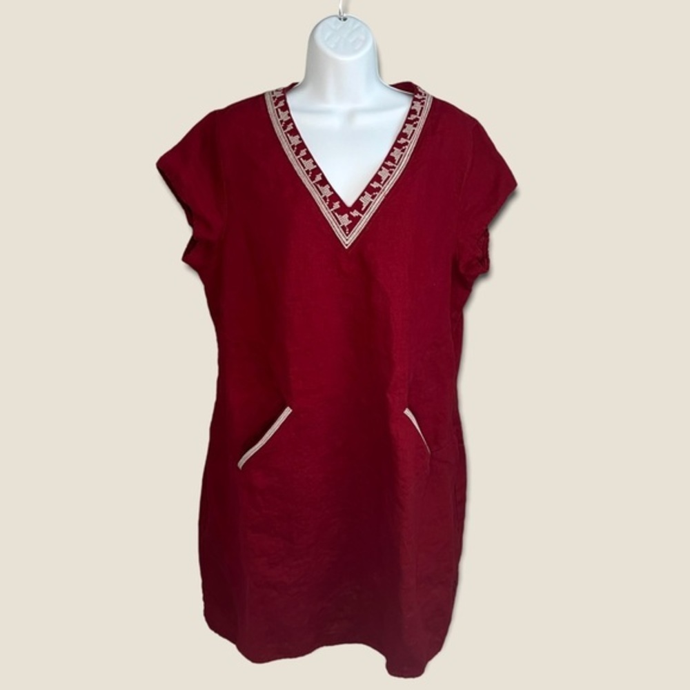 Garnet Hill Red Embroidered V-Neck Mini Dress